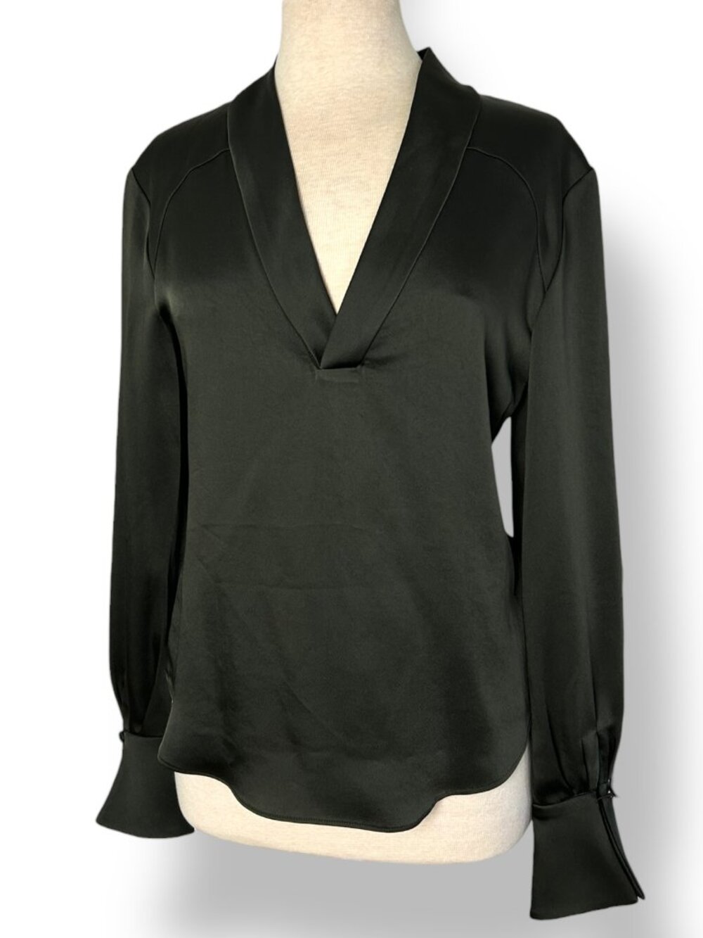 NWT Simkhai Maisy Blouse Top Satin Crepe Cuffed Green/Black V-Neck Sz 2